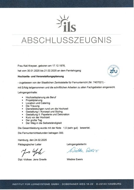 Abschlusszeugnis der ILS über Hochzeits- und Veranstaltungsplanung  und Prüfungsfächern aufgelistet.